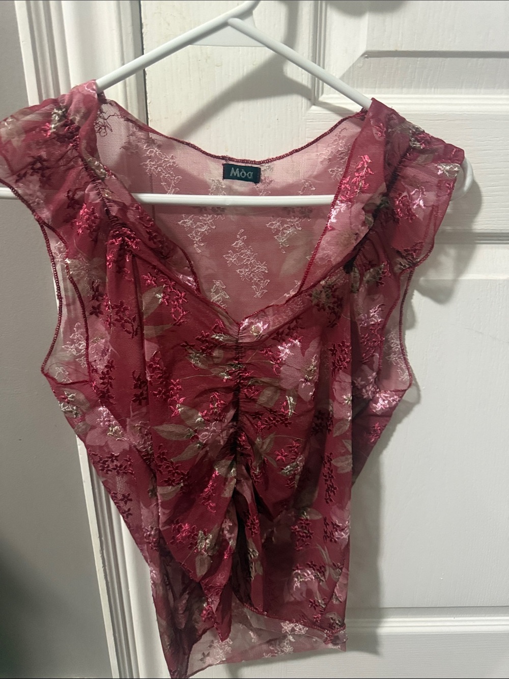 Vintage Sheer Floral Ruched Cap-Sleeve Top - Berry Pink
